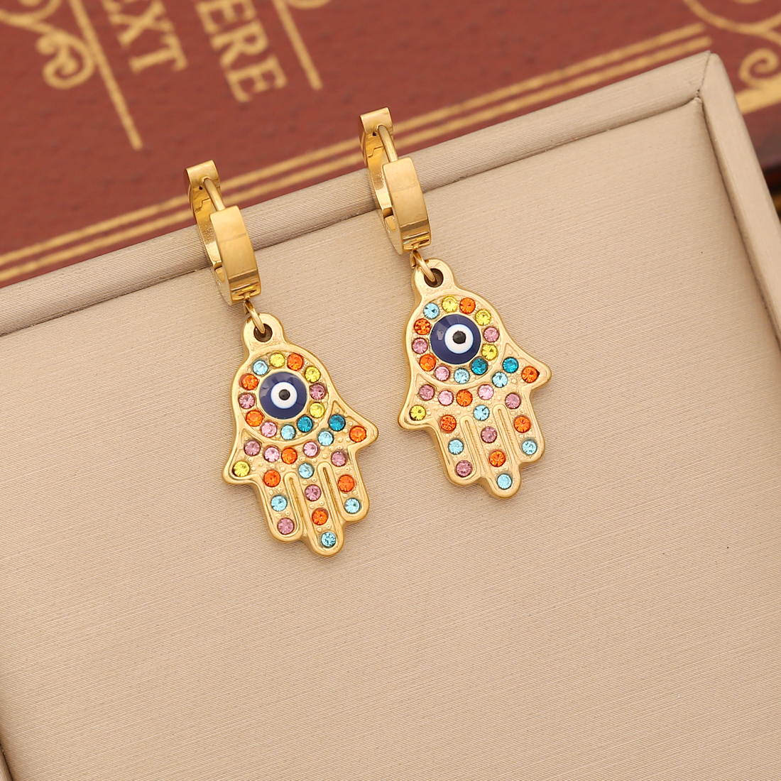 Stainless Steel 18K Gold Plated Casual Bohemian Enamel Plating Inlay Palm Eye Artificial Crystal Earrings Necklace display picture 8