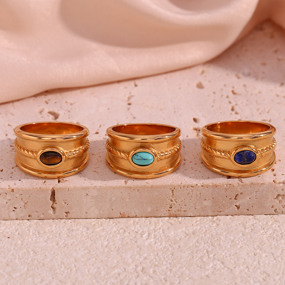 Vintage Style Classic Style Oval Stainless Steel Plating Inlay Natural Stone 18k Gold Plated Wide Band Rings display picture 9