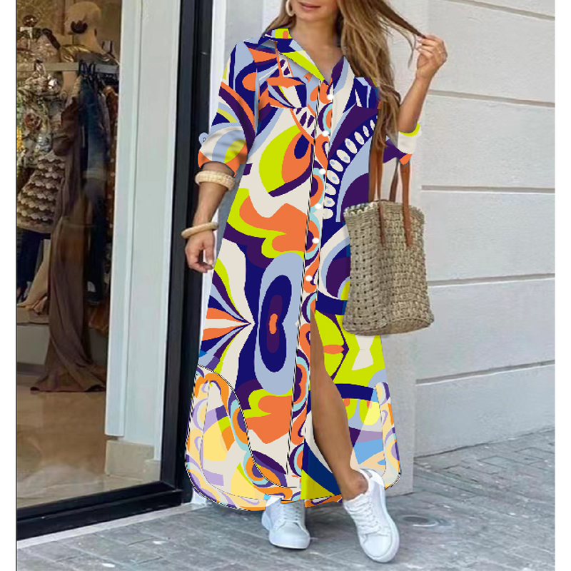 Women's Shirt Dress Casual Turndown Printing Long Sleeve Printing Maxi Long Dress Daily display picture 4