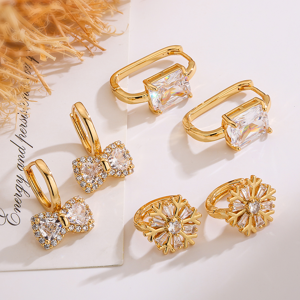 1 Pair Simple Style Commute Bow Knot Rectangle Snowflake Plating Inlay Copper Zircon 18k Gold Plated Earrings display picture 5