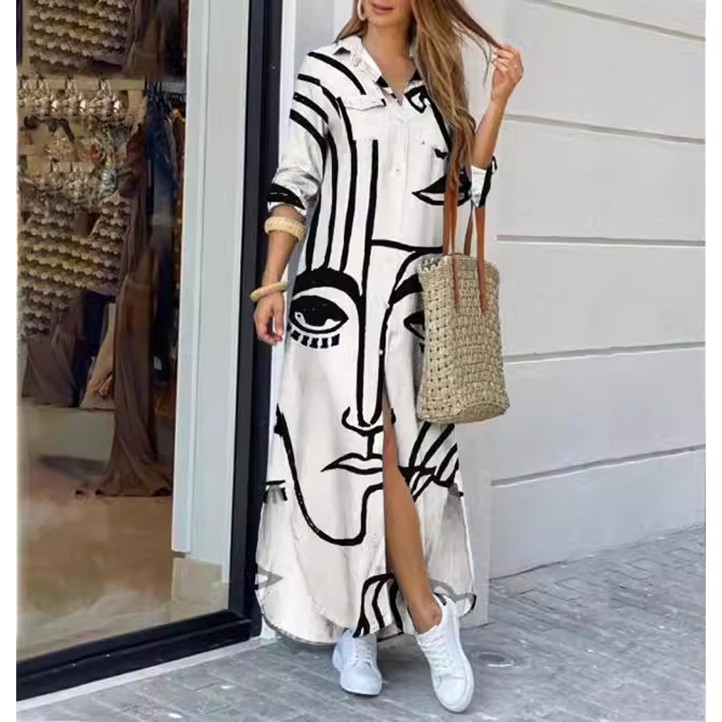 Women's Shirt Dress Casual Turndown Printing Long Sleeve Abstract Maxi Long Dress Street display picture 6