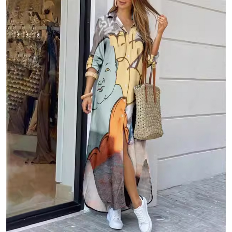 Women's Shirt Dress Casual Turndown Printing Long Sleeve Abstract Maxi Long Dress Street display picture 2