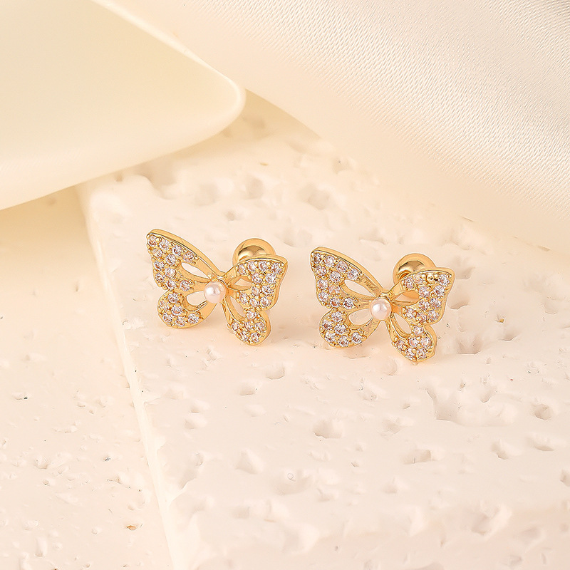 1 Pair Elegant Sweet Swan Flower Butterfly Plating Inlay 304 Stainless Steel Copper Zircon Gold Plated Ear Studs display picture 2