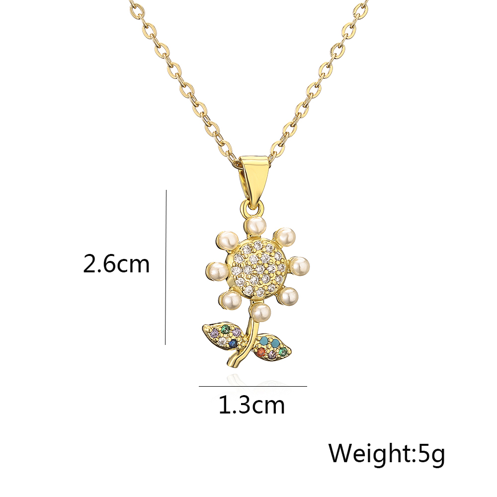 Simple Style Commute Sunflower Copper Plating Inlay Artificial Pearls Diamond 18k Gold Plated Pendant Necklace display picture 1