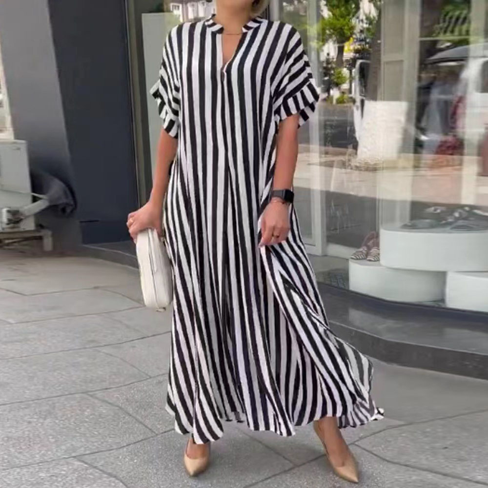 Women's Slit Dress Casual Simple Style V Neck Slit Short Sleeve Stripe Maxi Long Dress Daily display picture 2