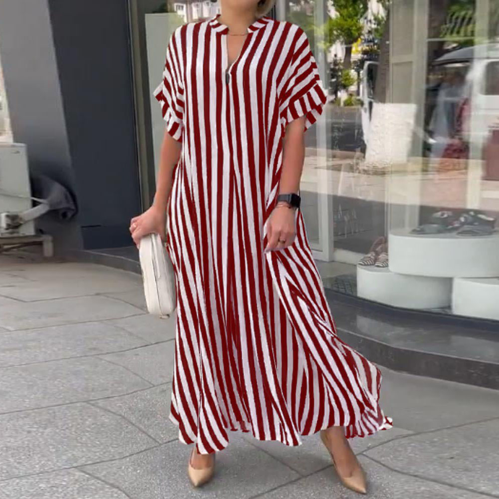 Women's Slit Dress Casual Simple Style V Neck Slit Short Sleeve Stripe Maxi Long Dress Daily display picture 4