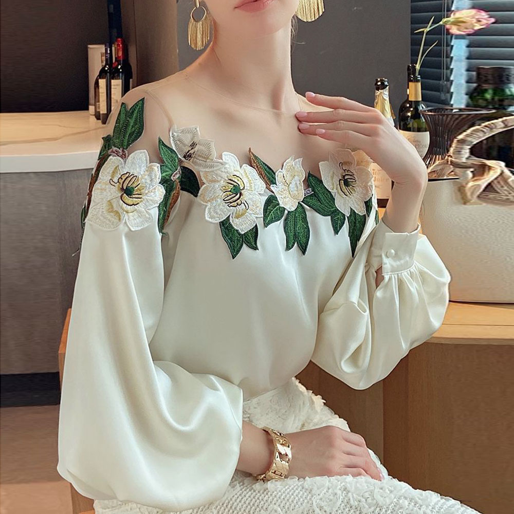 Women's Chiffon Shirt Long Sleeve Blouses Embroidery Elegant Flower display picture 1