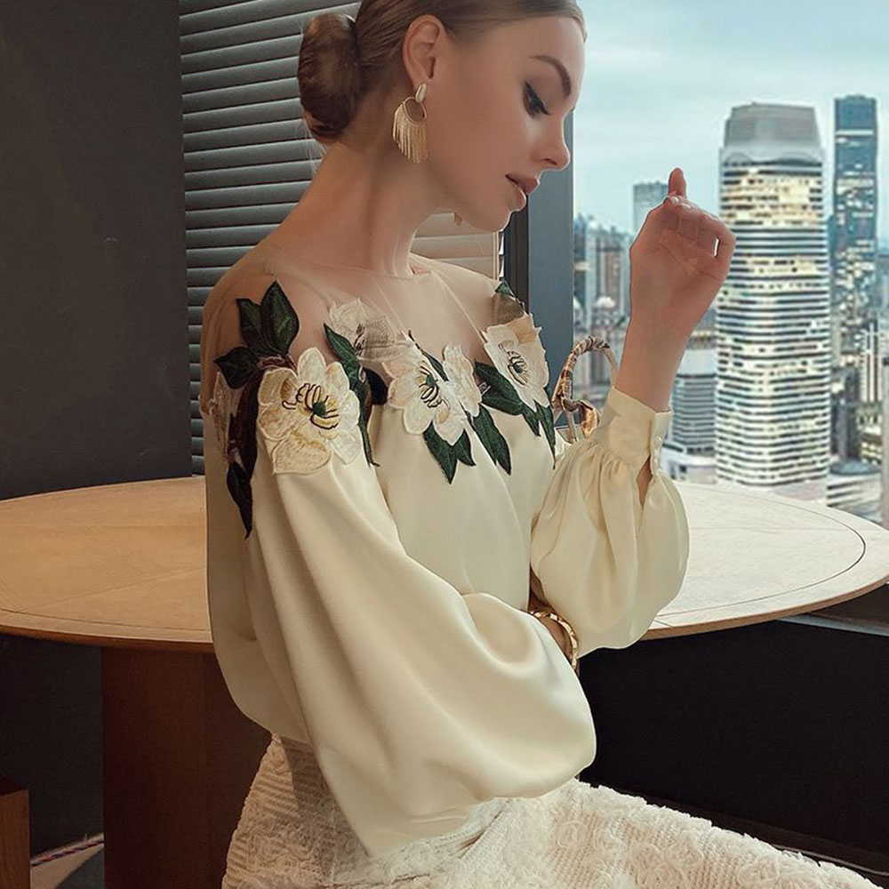 Women's Chiffon Shirt Long Sleeve Blouses Embroidery Elegant Flower display picture 2