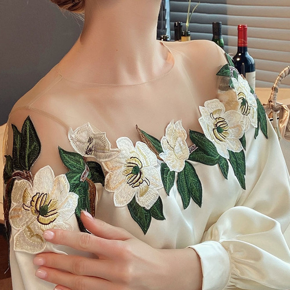 Women's Chiffon Shirt Long Sleeve Blouses Embroidery Elegant Flower display picture 5