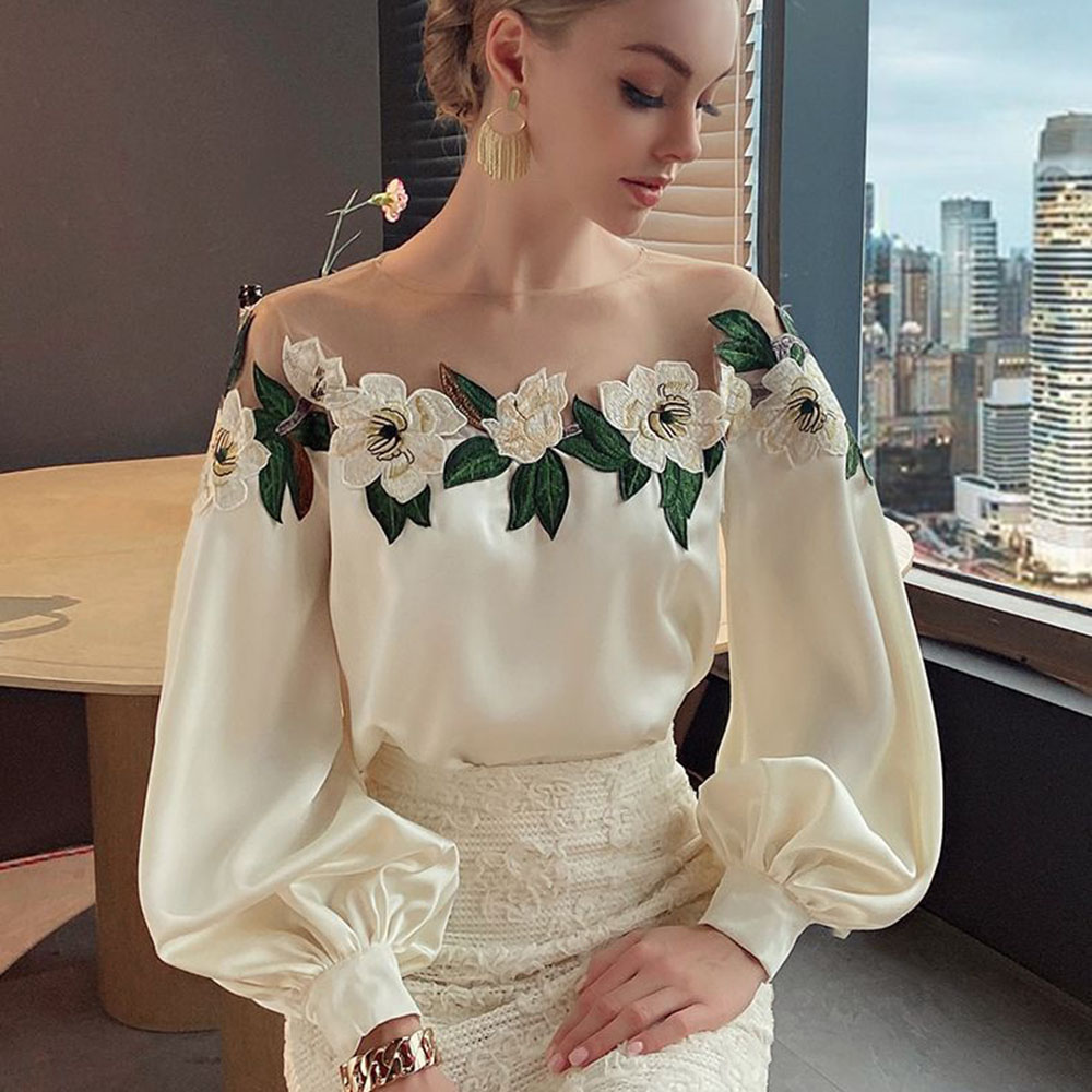 Women's Chiffon Shirt Long Sleeve Blouses Embroidery Elegant Flower display picture 4