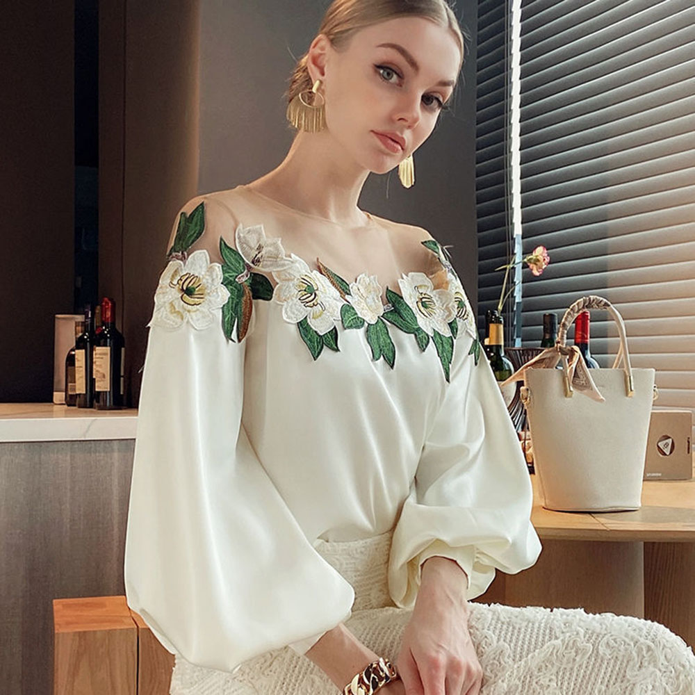 Women's Chiffon Shirt Long Sleeve Blouses Embroidery Elegant Flower display picture 3