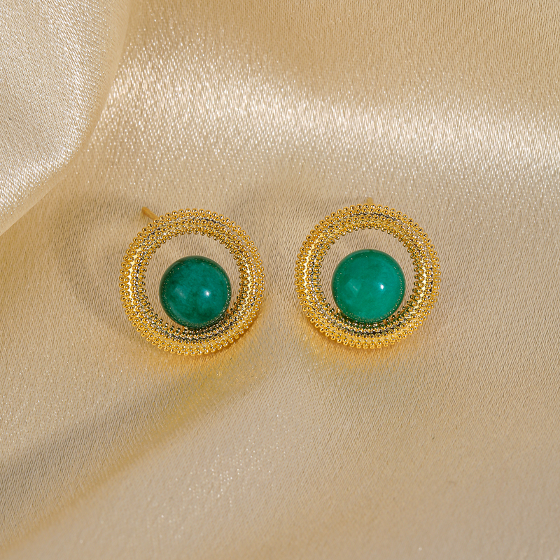 1 Pair Retro Commute Round Plating Inlay Copper Natural Stone Agate 18k Gold Plated Earrings display picture 4