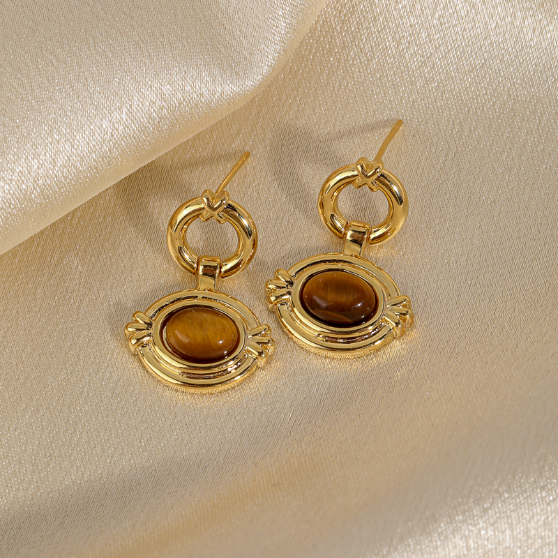1 Pair Retro Commute Round Plating Inlay Copper Natural Stone Agate 18k Gold Plated Earrings display picture 5