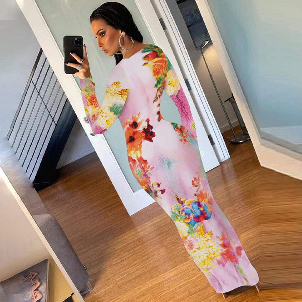 Women's Sheath Dress Elegant Sexy Round Neck Printing Long Sleeve Printing Maxi Long Dress Party Street display picture 2