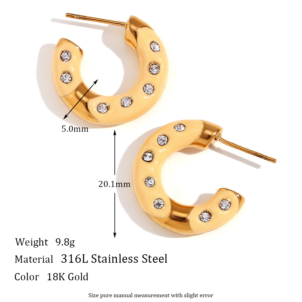 1 Pair Sweet Classic Style C Shape Enamel Plating Inlay Stainless Steel Rhinestones 18k Gold Plated Ear Studs display picture 2