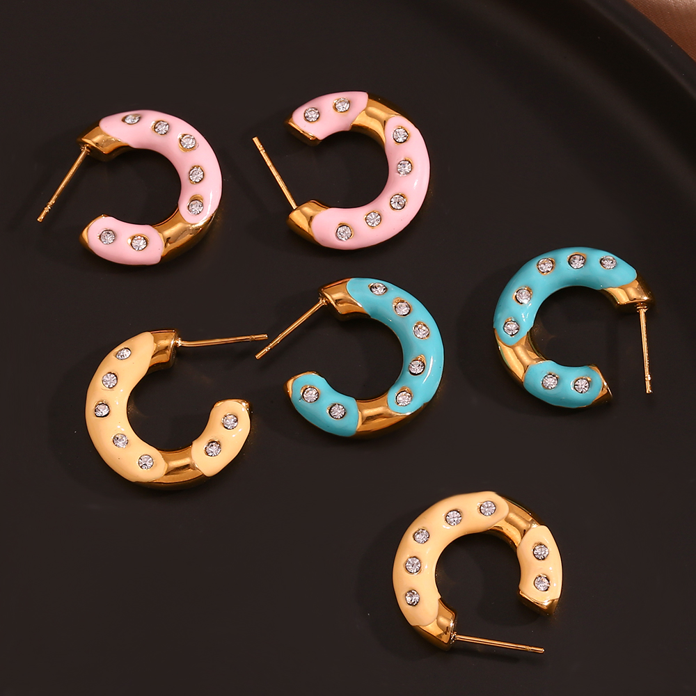 1 Pair Sweet Classic Style C Shape Enamel Plating Inlay Stainless Steel Rhinestones 18k Gold Plated Ear Studs display picture 7