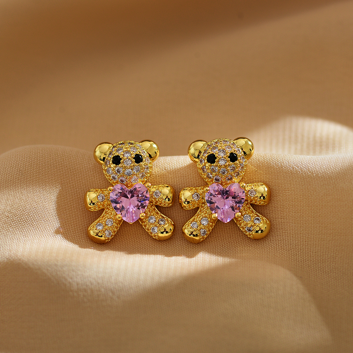 1 Pair Cute Rabbit Bear Inlay Copper Zircon Ear Studs display picture 4