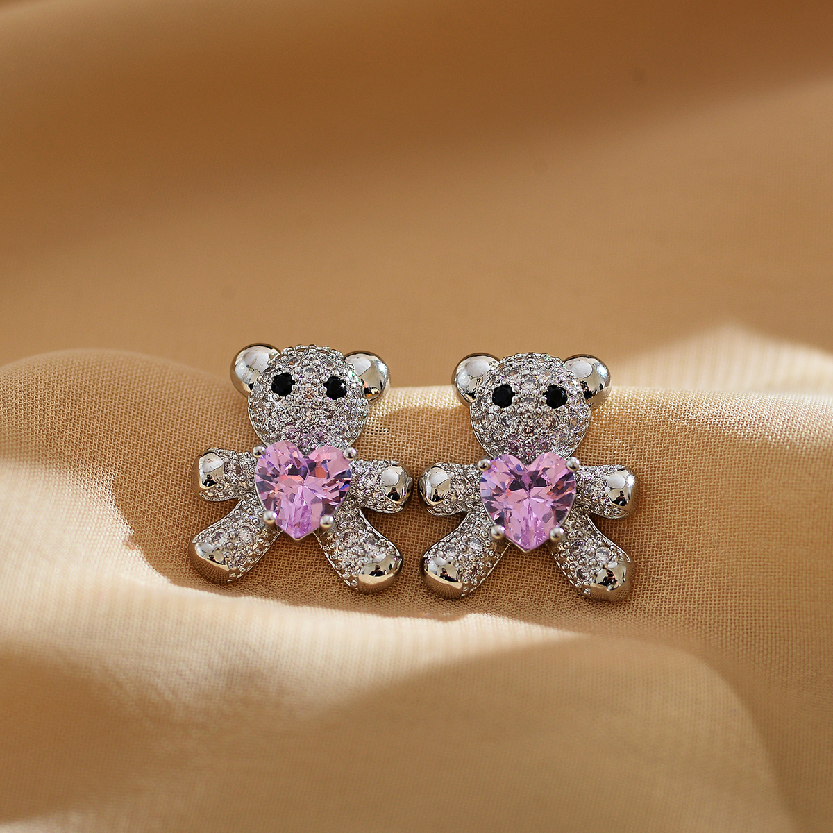 1 Pair Cute Rabbit Bear Inlay Copper Zircon Ear Studs display picture 2