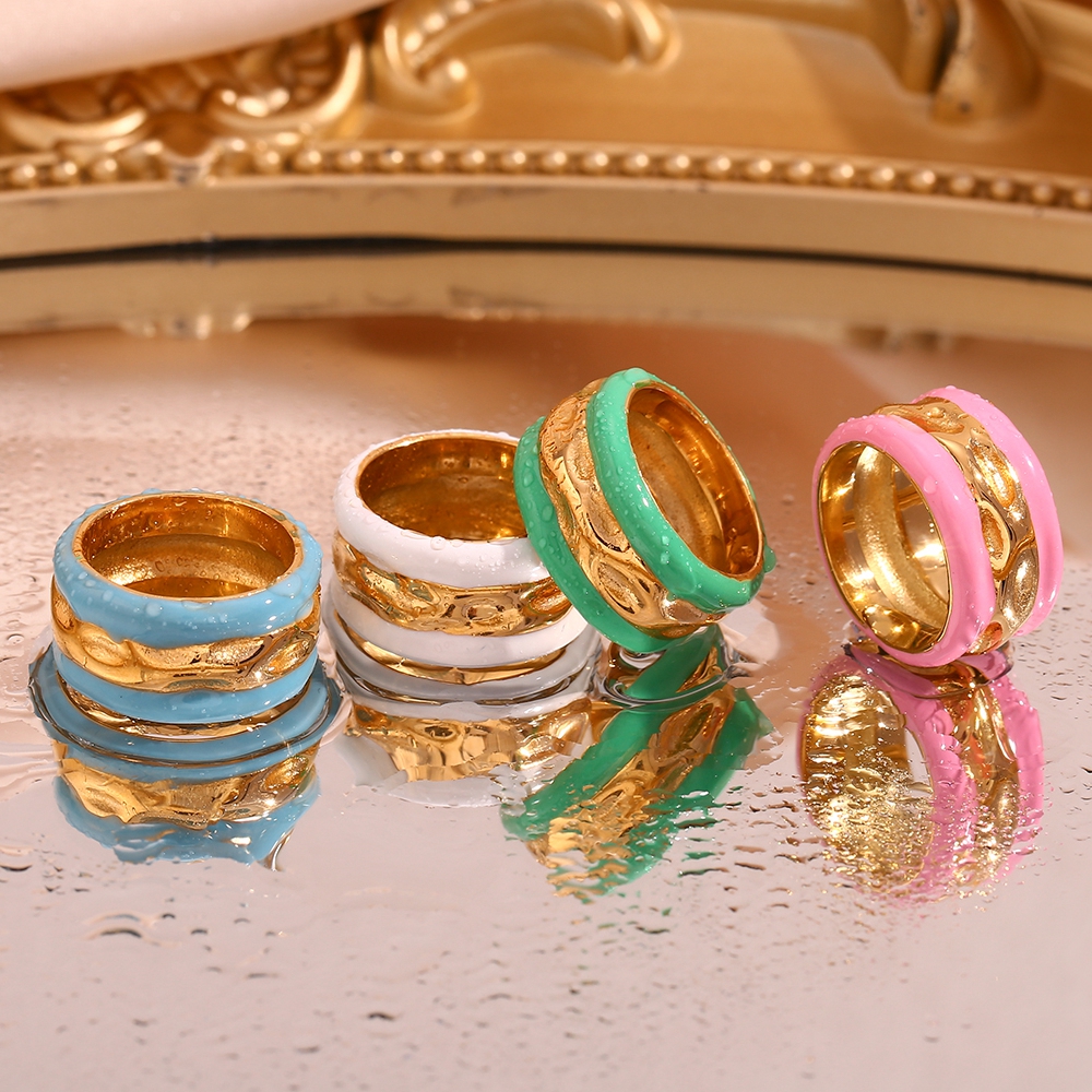 Vintage Style Classic Style Stripe Stainless Steel Enamel Plating 18k Gold Plated Wide Band Rings display picture 9