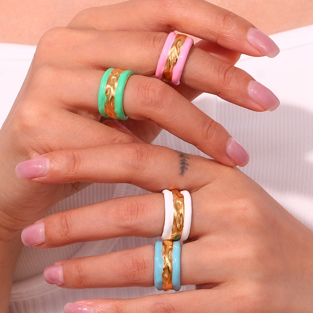 Vintage Style Classic Style Stripe Stainless Steel Enamel Plating 18k Gold Plated Wide Band Rings display picture 11