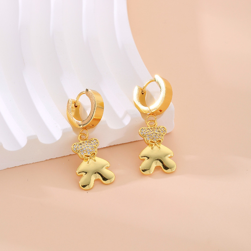 1 Pair Simple Style Rabbit Bear Plating Inlay 304 Stainless Steel Copper Zircon K Gold Plated Drop Earrings display picture 2