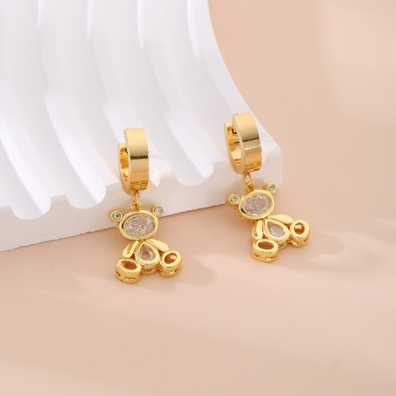 1 Pair Simple Style Rabbit Bear Plating Inlay 304 Stainless Steel Copper Zircon K Gold Plated Drop Earrings display picture 3