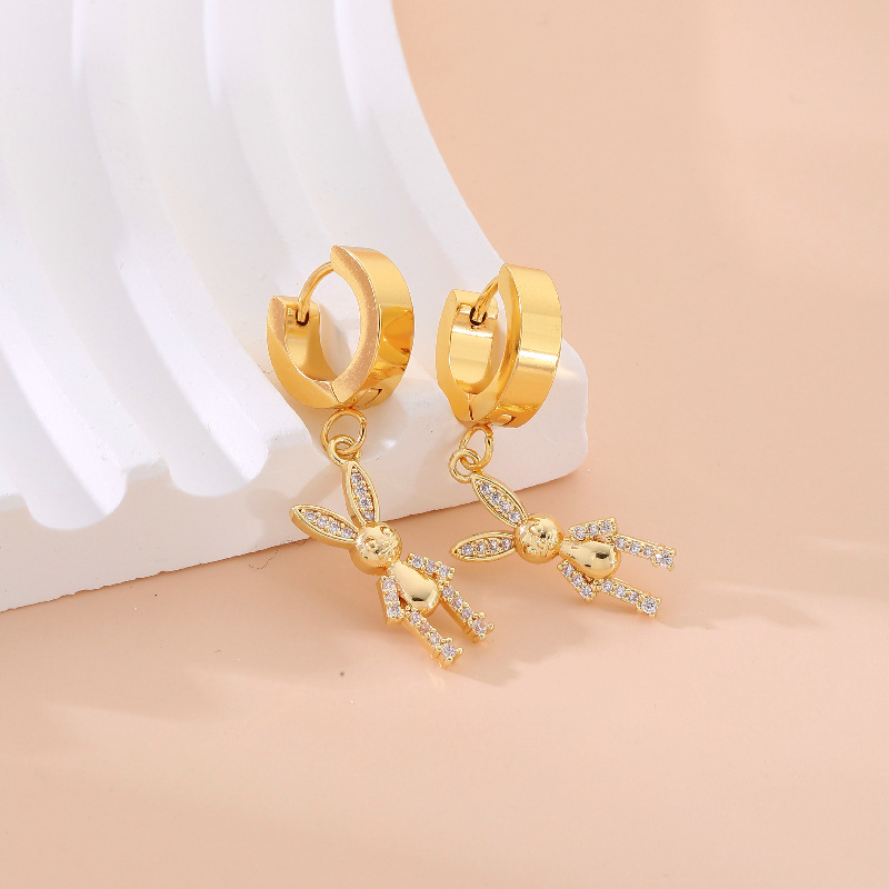 1 Pair Simple Style Rabbit Bear Plating Inlay 304 Stainless Steel Copper Zircon K Gold Plated Drop Earrings display picture 5
