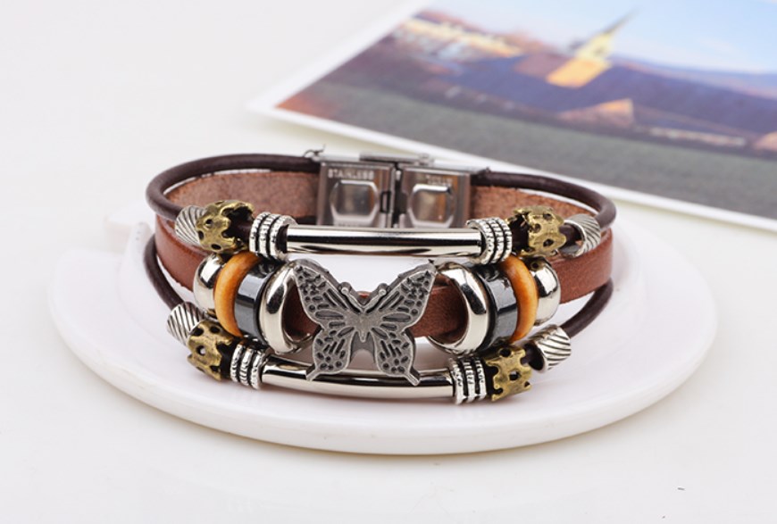 Hip-hop Vintage Style Cross Butterfly Alloy Leather Inlay Turquoise Unisex Bracelets display picture 5
