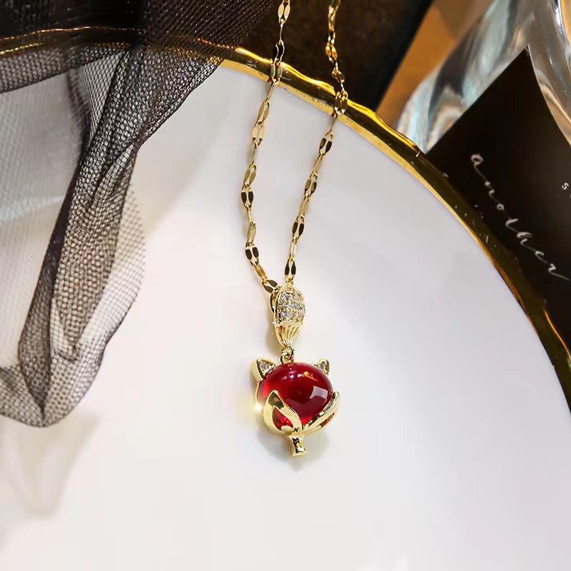 Titanium Steel 18K Gold Plated Casual Simple Style Plating Inlay Round Water Droplets Fox Zircon Pendant Necklace display picture 4