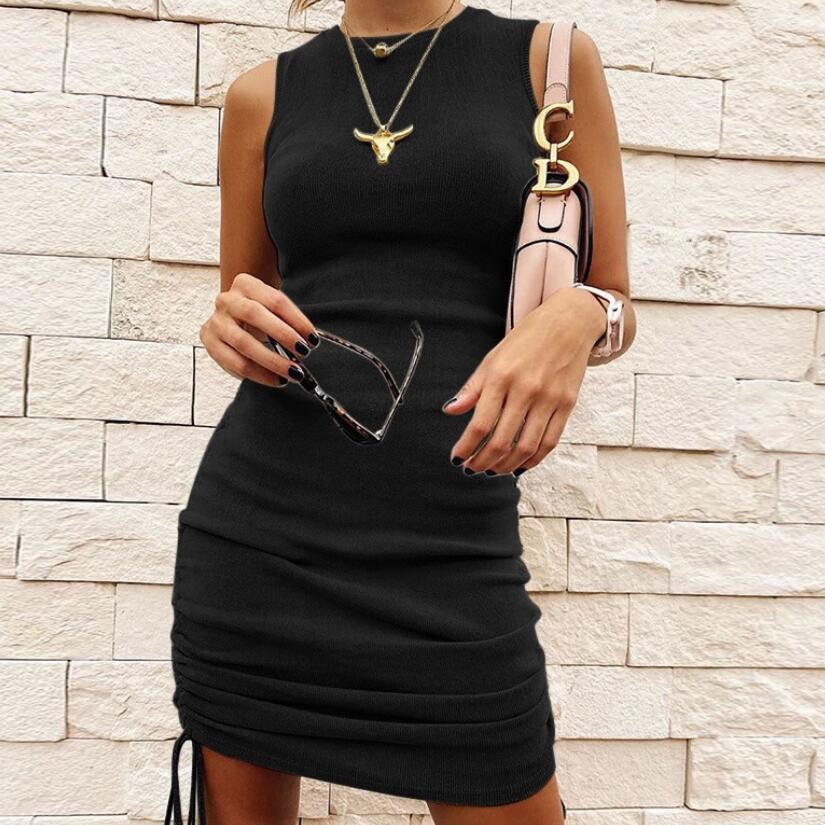 Women's Regular Dress Casual Round Neck Drawstring Sleeveless Solid Color Above Knee Holiday display picture 2
