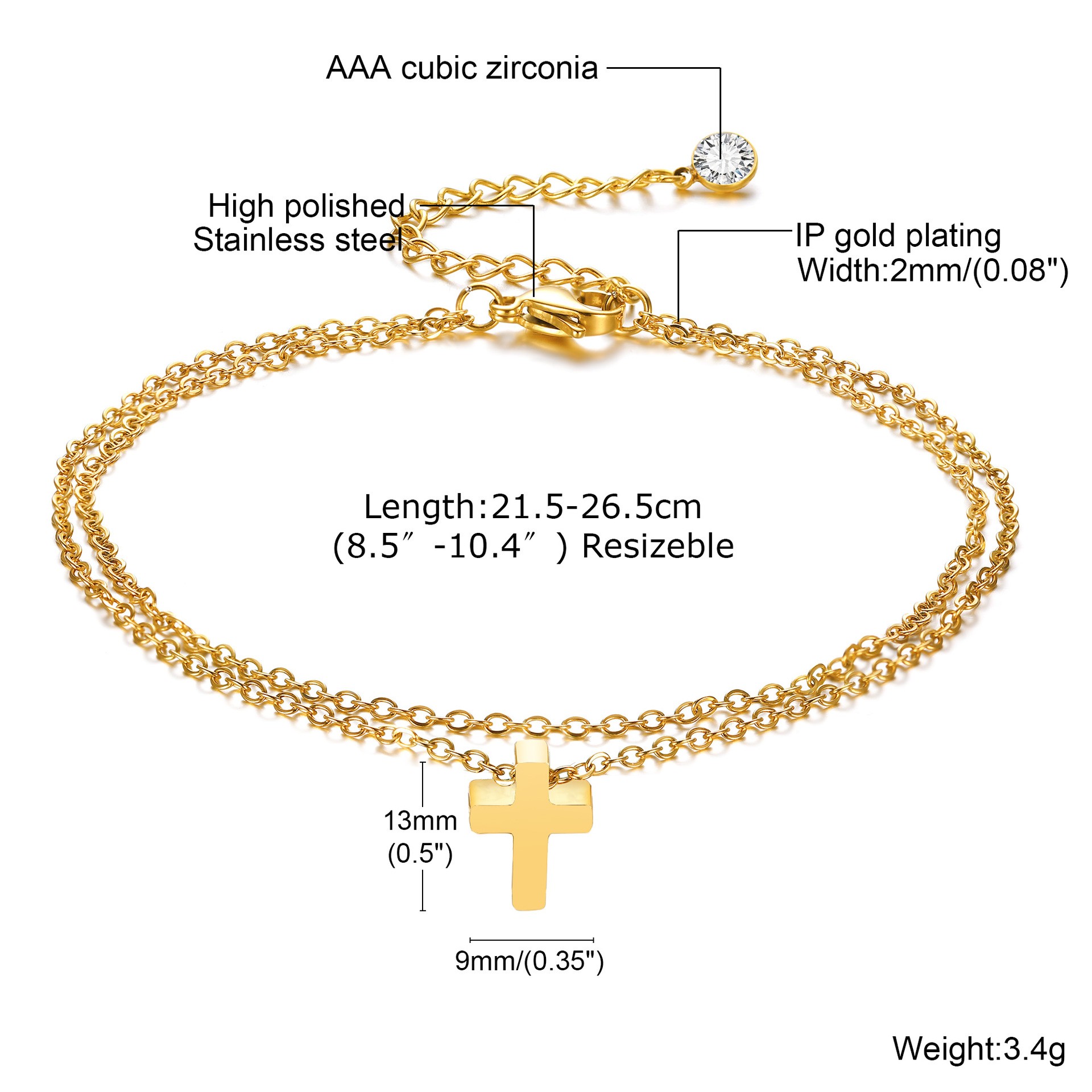 Simple Style Cross 201 Stainless Steel Plating Inlay Zircon Gold Plated Women's Anklet display picture 1