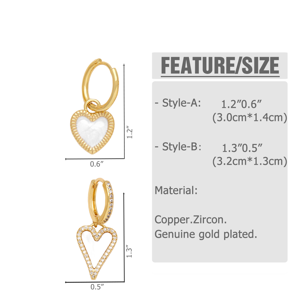 1 Piece Fashion Simple Style Heart Shape Plating Inlay Copper Shell Zircon 18k Gold Plated Drop Earrings display picture 1