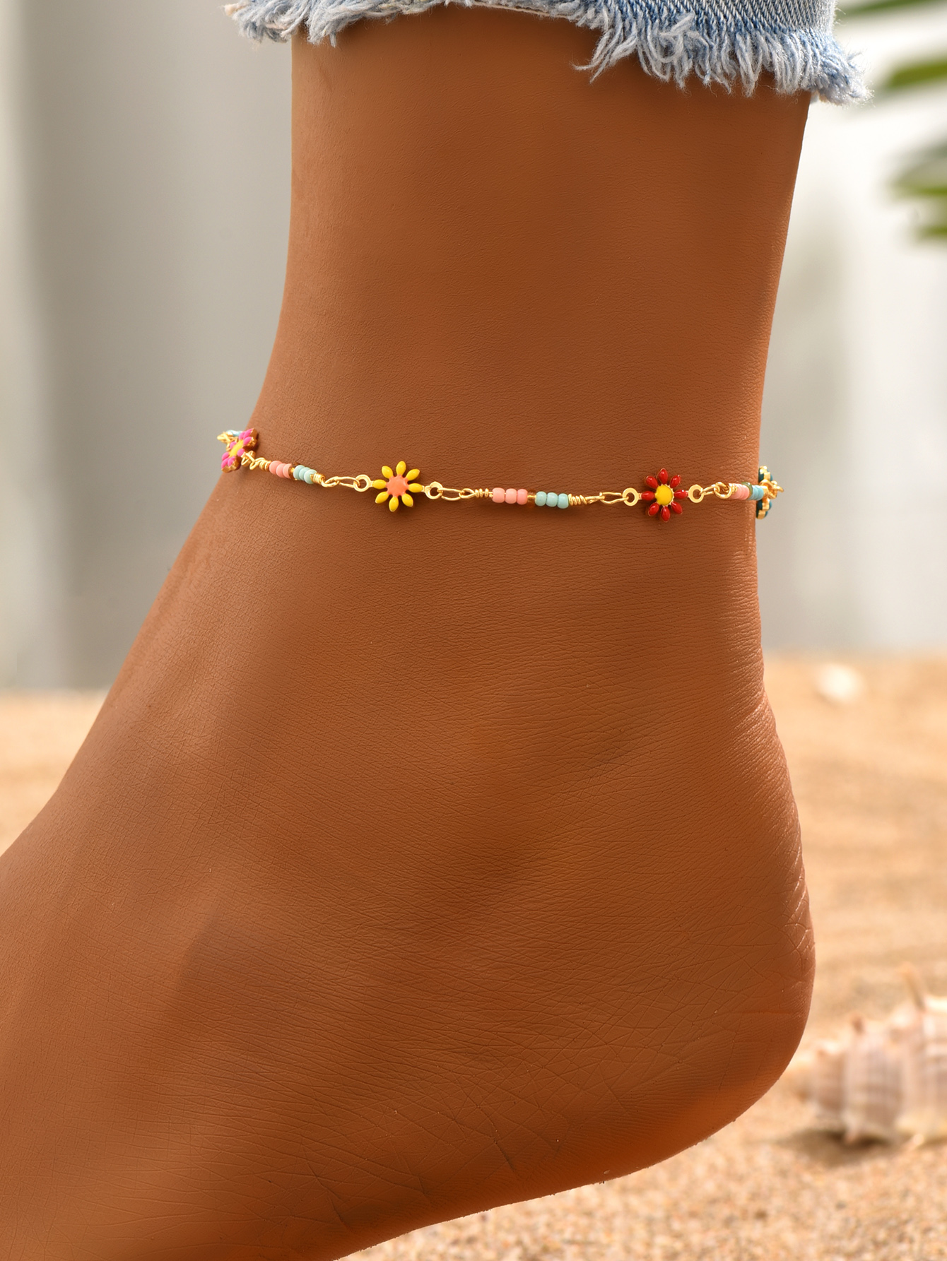 Vacation Sweet Flower 18k Gold Plated Beaded Copper Wholesale Anklet display picture 4