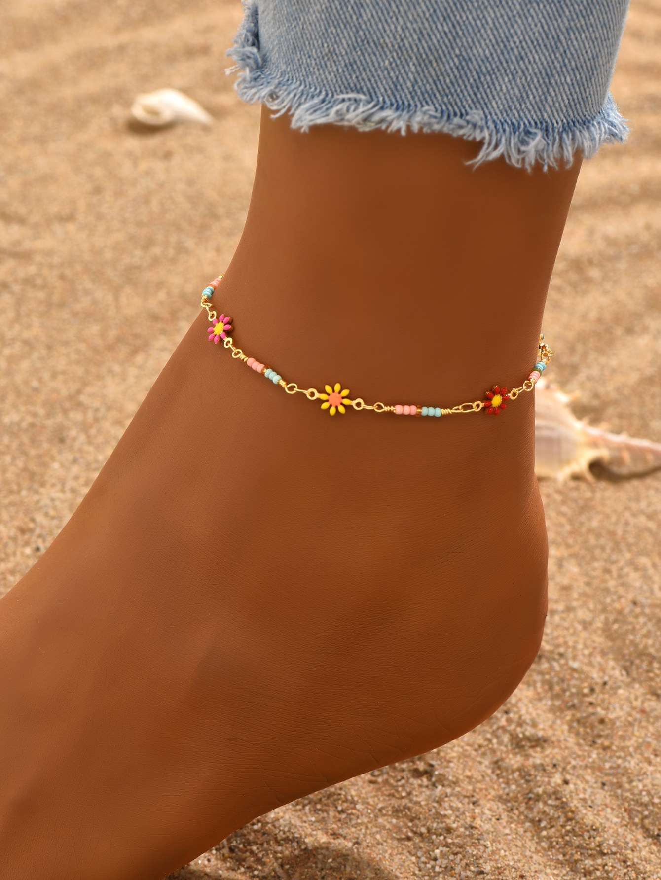 Vacation Sweet Flower 18k Gold Plated Beaded Copper Wholesale Anklet display picture 3