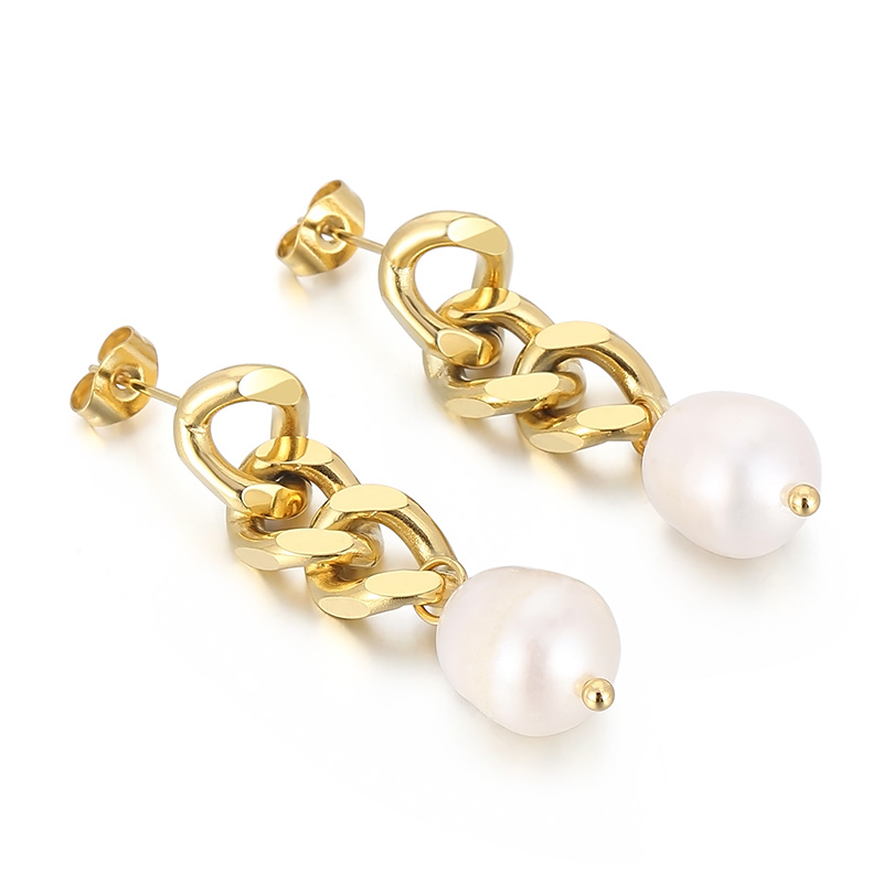 1 Pair Modern Style Simple Style Chain Pearl Plating Stainless Steel 18K Gold Plated Drop Earrings display picture 1