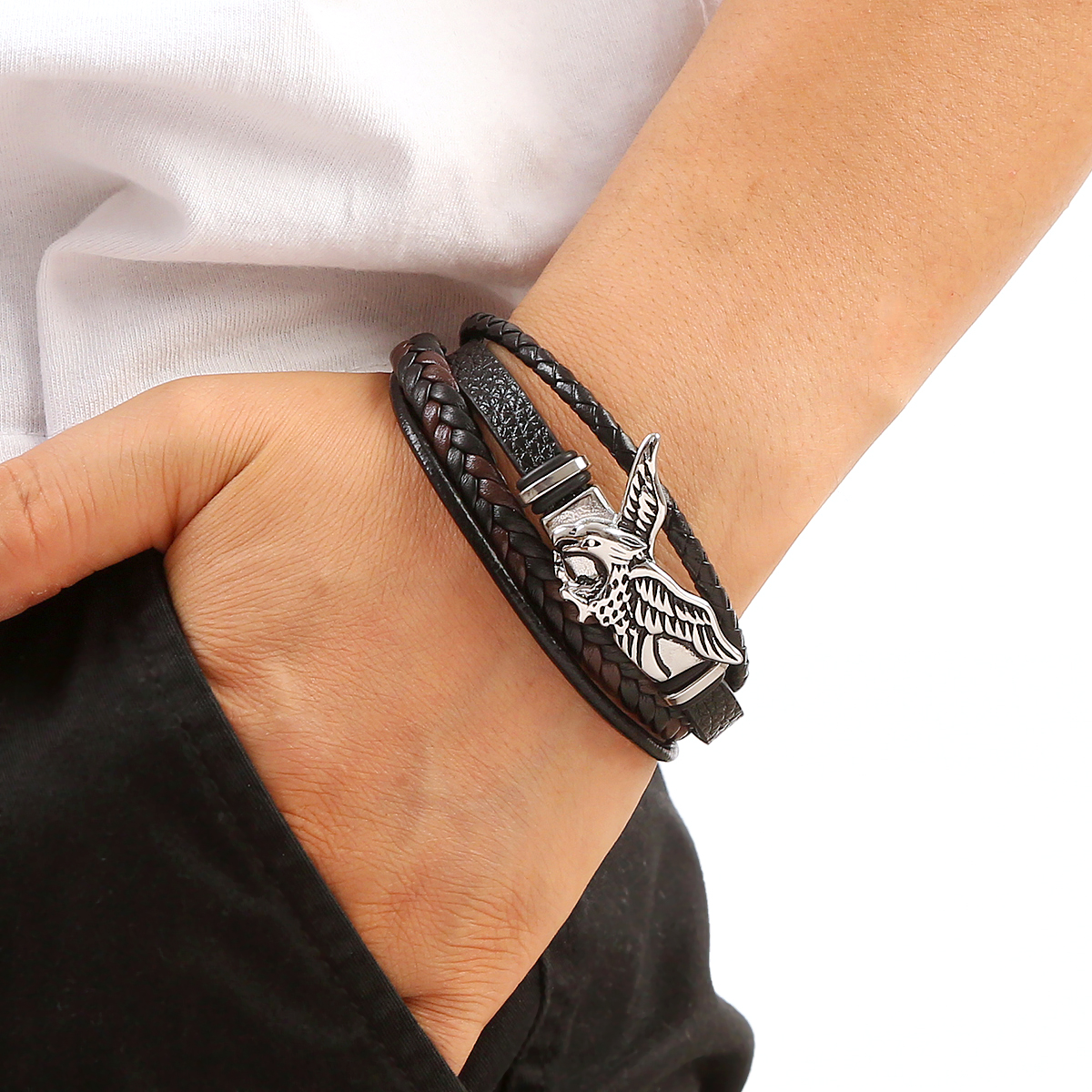 Streetwear Eagle Stainless Steel Pu Leather Men's Bracelets display picture 1