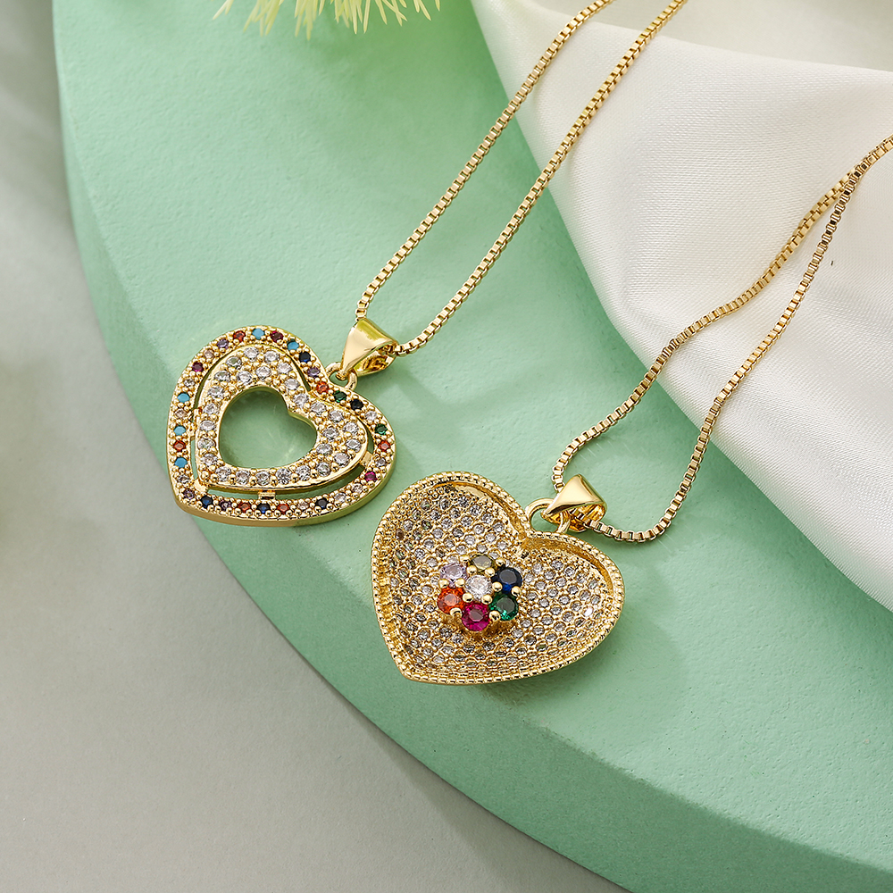 Simple Style Commute Colorful Heart Shape Copper Plating Inlay Zircon 18k Gold Plated Pendant Necklace display picture 3