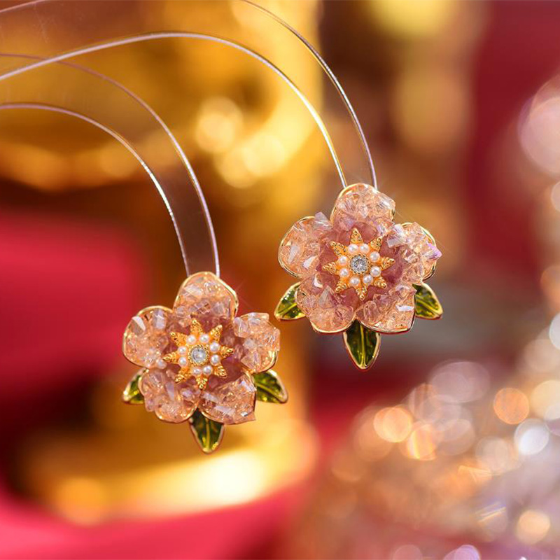 1 Par Elegante Retro Flor Enchapado Embutido Cobre Cristal Artificial Perlas Artificiales Chapado En Oro De 14 Quilates. Pendientes display picture 1