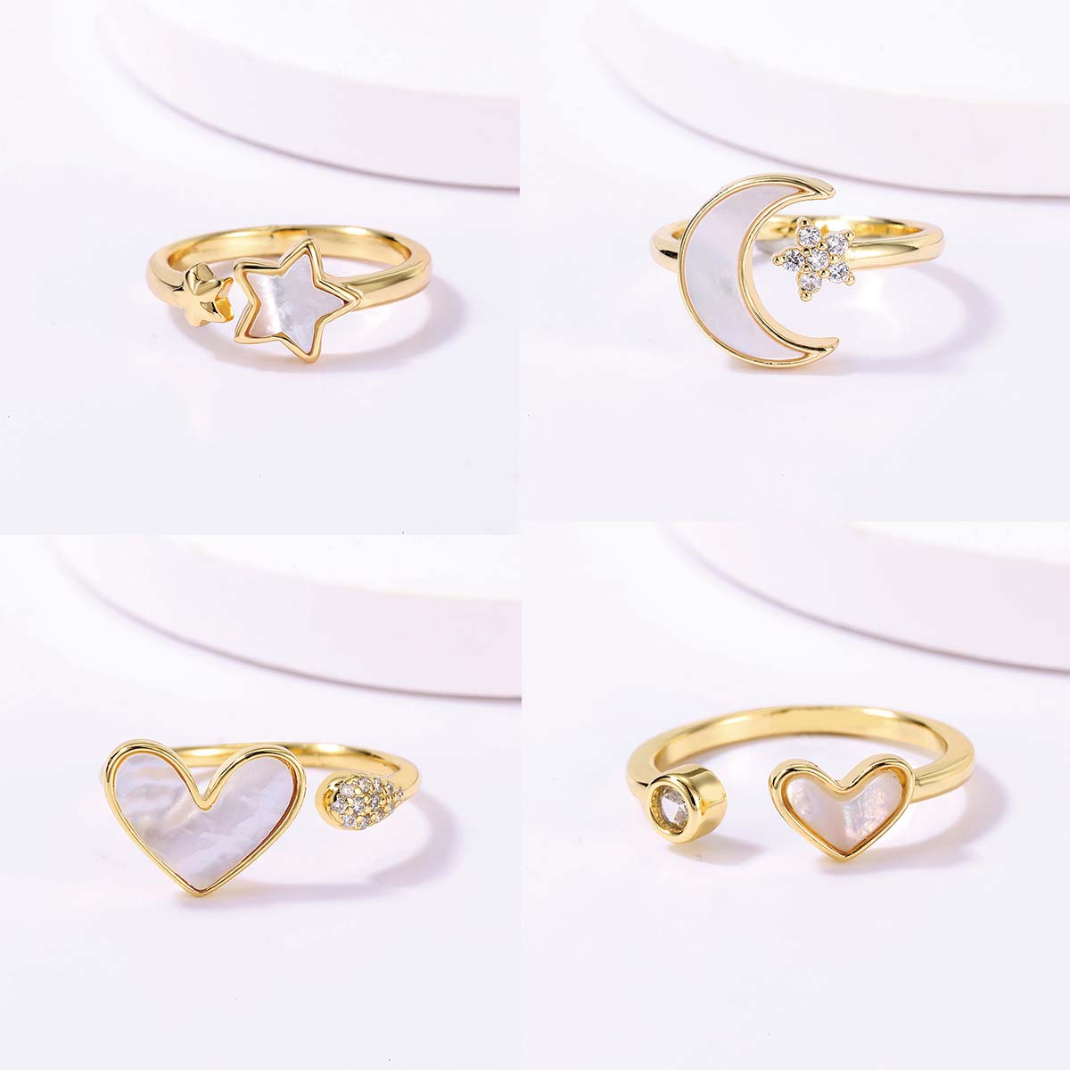 Casual Sweet Star Moon Heart Shape Shell Plating Inlay Shell Zircon 18k Gold Plated Women's Open Rings display picture 21