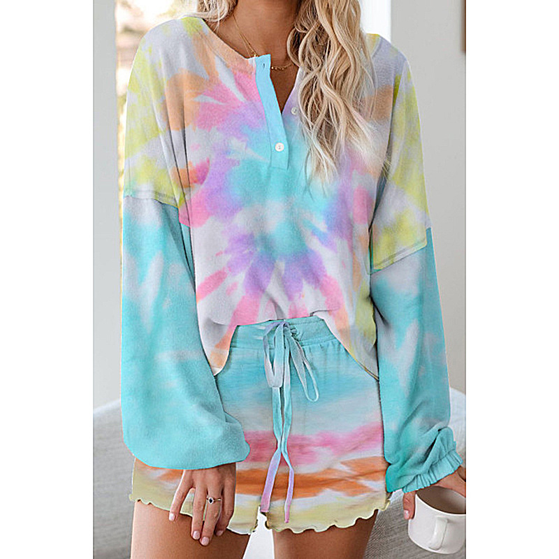 Home Women's Casual Tie Dye Polyester Printing Patchwork Contrast Binding Pajama Sets display picture 3