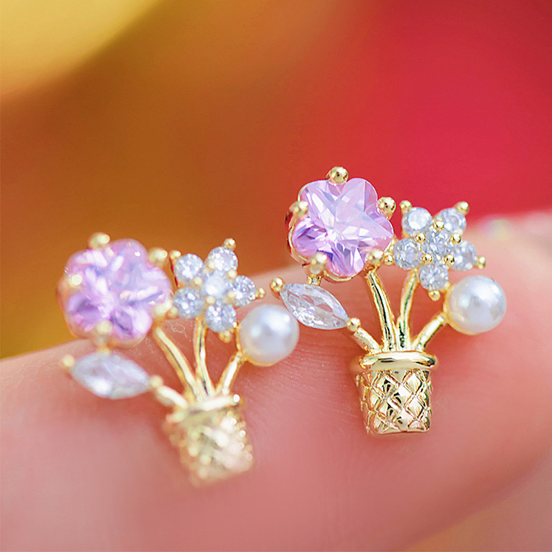 1 Pair Cute Simple Style Flower Plating Inlay Copper Zircon 14k Gold Plated Ear Studs display picture 4