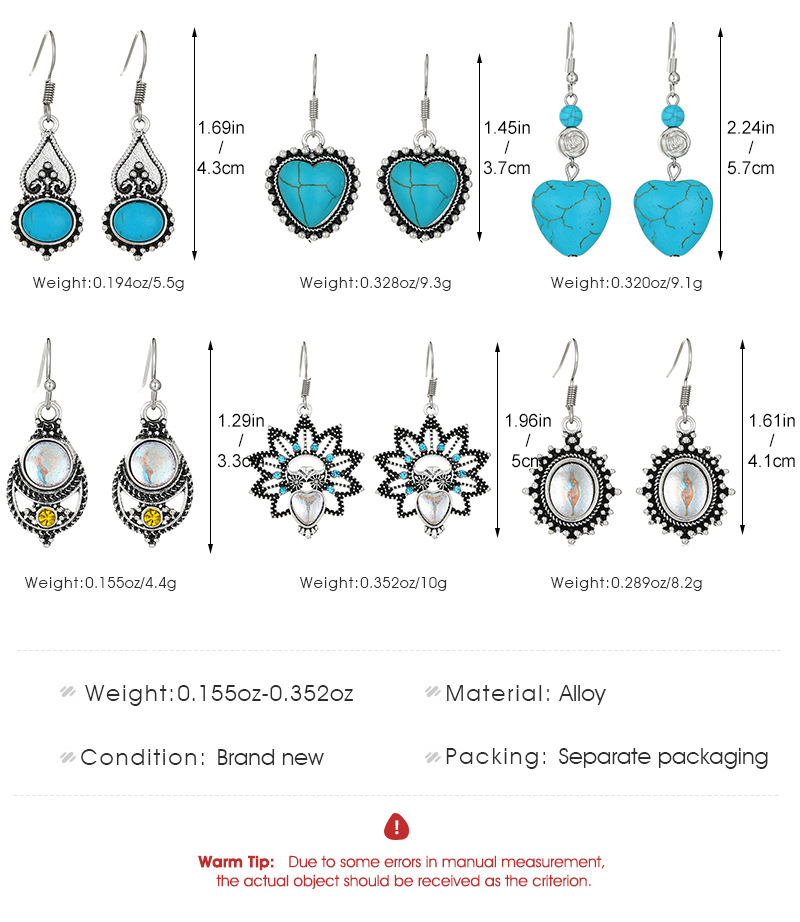 1 Pair Vintage Style Heart Shape Inlay Alloy Turquoise Silver Plated Drop Earrings display picture 1