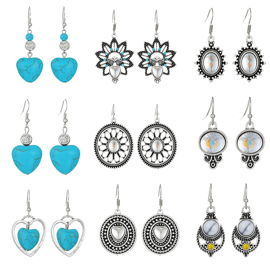 1 Pair Vintage Style Heart Shape Inlay Alloy Turquoise Silver Plated Drop Earrings display picture 5