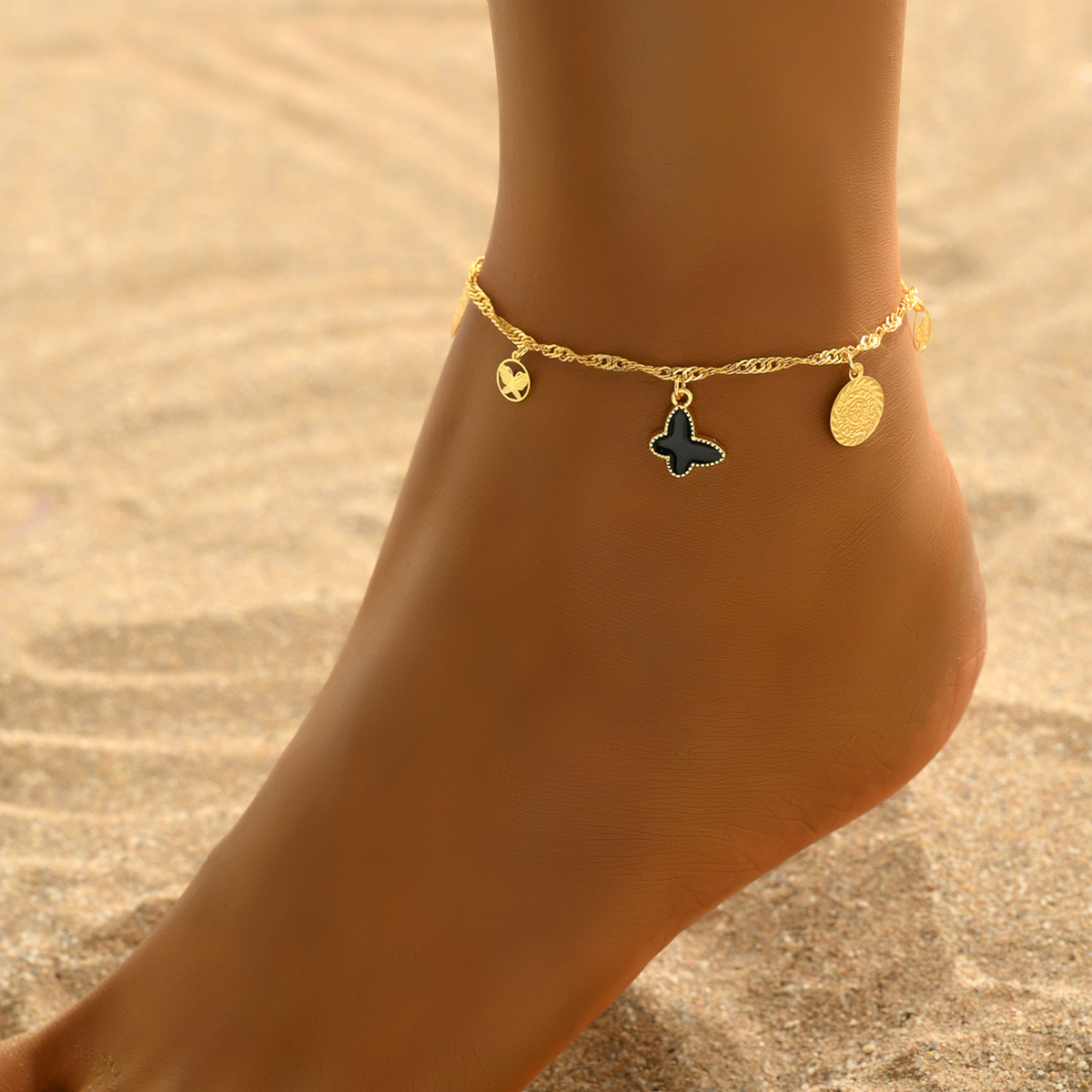 Simple Style Leaves Coin Butterfly 18k Gold Plated Copper Wholesale Anklet display picture 6