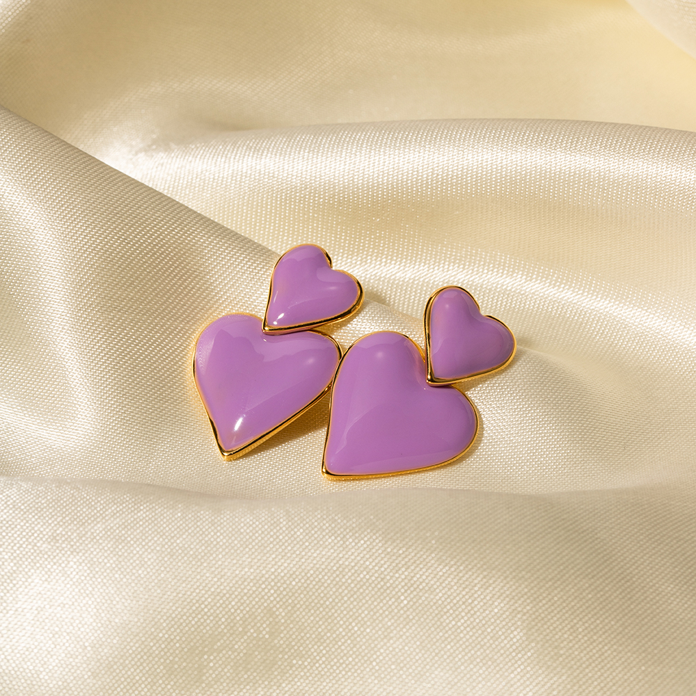 1 Pair Retro Heart Shape Enamel Plating Stainless Steel 18k Gold Plated Drop Earrings display picture 4