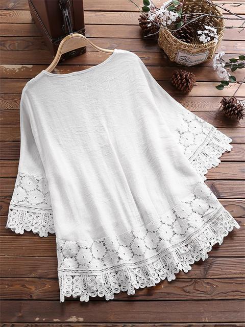 Women's Eyelet Top 3/4 Length Sleeve Blouses Washed Casual Vintage Style Solid Color display picture 4