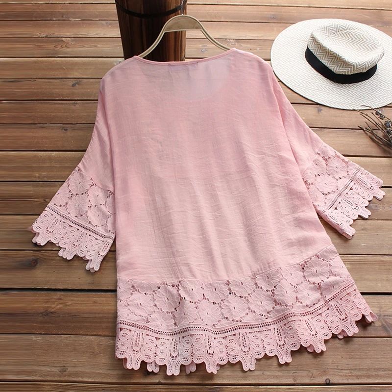 Women's Eyelet Top 3/4 Length Sleeve Blouses Washed Casual Vintage Style Solid Color display picture 13