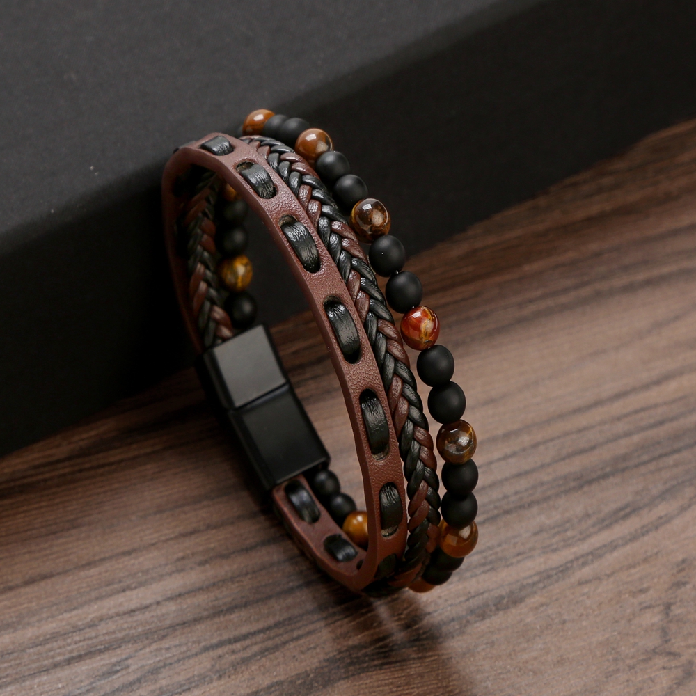 Vintage Style Classic Style Twist Pu Leather Natural Stone Handmade Men's Bangle display picture 3