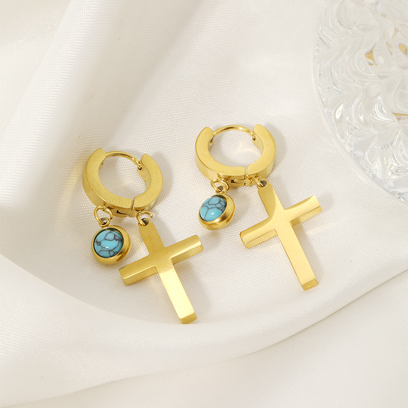 1 Pair Lady Simple Style Cross Plating Inlay 304 Stainless Steel Turquoise Drop Earrings display picture 4