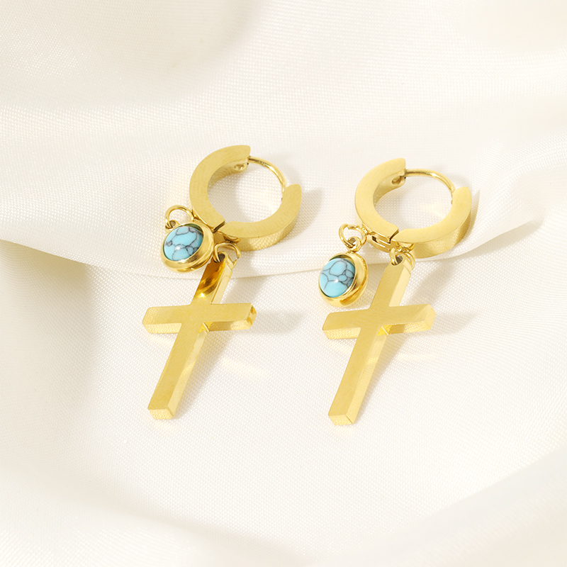 1 Pair Lady Simple Style Cross Plating Inlay 304 Stainless Steel Turquoise Drop Earrings display picture 3